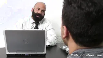 Bald bearded hunk foot worshipped and licked by young lad
