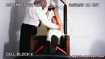 Two pervs tickling tied up jock all over his body in the prison