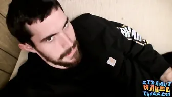 Bearded straight thug Hunter rubs his massive dick and cums
