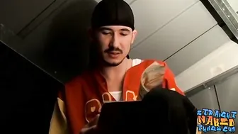 Straight buddies looking at porn magazines and jerking off