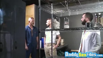 Horny Stephen Harte covered in cum after threesome fucking
