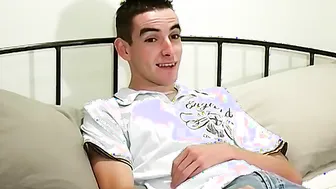 Skinny British twink Billy jerks off after an interview