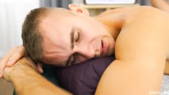 Kalvin squirms as Adam teases his tight hole & rubs his balls