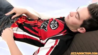 Twink jerks off while drilling himself with monster dildo