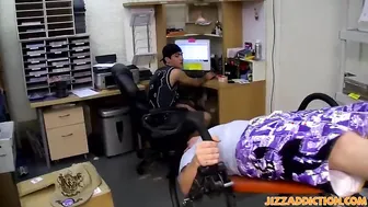 Young man has his mouth filled with large cock in threesome