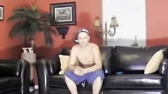 Muscly white masculine guy watches porn and jerks off his dick