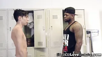 Gay twink gobbles black dick