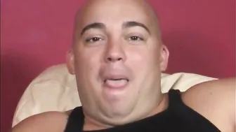 Chubby bald guy does decent deepthroat on a black cock