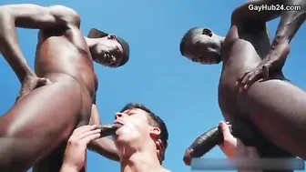 Outdoor threesome anal sex. This slut loves big black cock