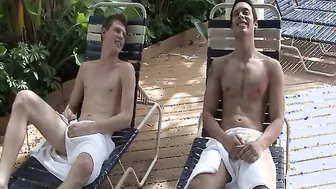 Two young vacationers get a hard and hot blowjob from a guest in a deck chair