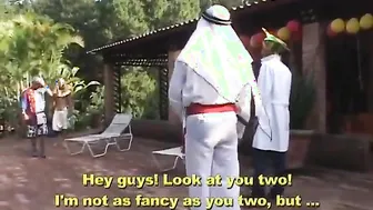 Horny gay dudes banging at a gay costume party in the backyard