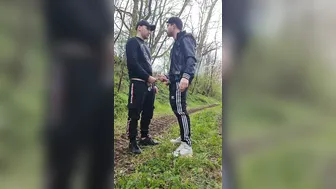Two hot, horny boys smoking and wanking their dicks outdoors
