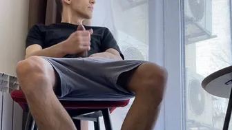 A GUY WITH HAIRY LEGS IN WHITE SOCKS ADIDAS JERKS OFF A DICK