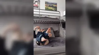 Bearded daddy jerks his dick and shows feet and ass
