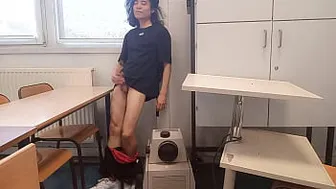 Cum at school, this horny student twink wanks his smooth cock and squirts jizz riskyly at school in a classroom on classmate desk, Jon Arteen jerks off at university, making a hot solo gay porn video