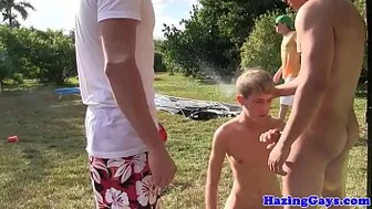 Pledging twink sucking dick outdoors