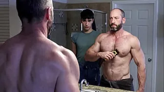 Shy twink Rob Quin helps his stepdaddy Muscled Madison to shave his body. As he reaches the crotch, the boy jumps at the chance of getting a taste of his stepdad's cock.
